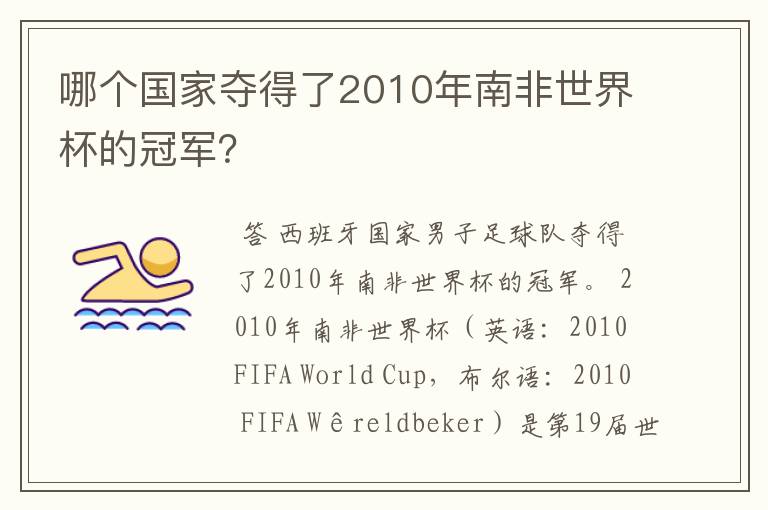 哪个国家夺得了2010年南非世界杯的冠军?