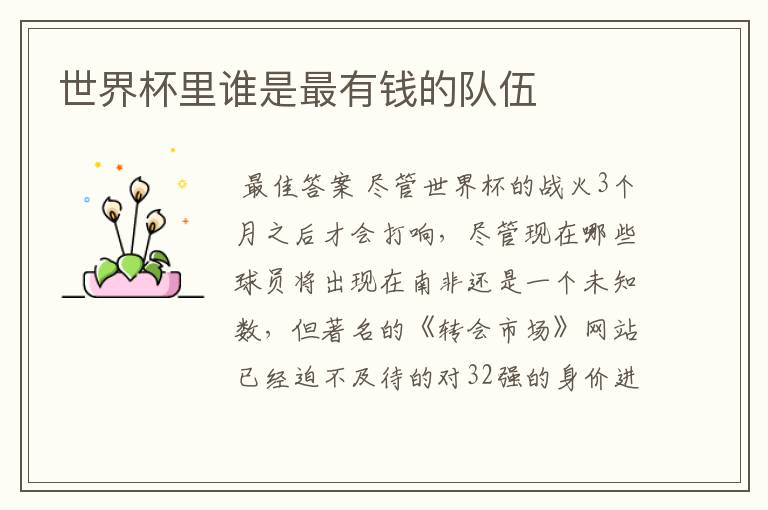世界杯里谁是最有钱的队伍