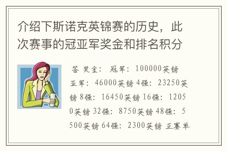 介绍下斯诺克英锦赛的历史,此次赛事的冠亚军奖金和排名积分各是多少?
