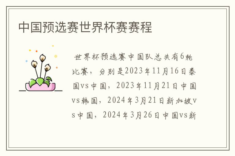 中国预选赛世界杯赛赛程