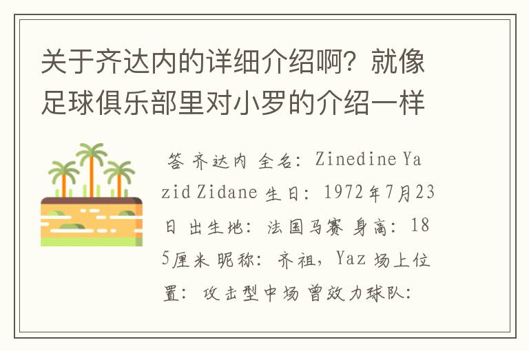 关于齐达内的详细介绍啊?就像足球俱乐部里对小罗的介绍一样,要从幼年开始的特别是他的坎坷的那一段