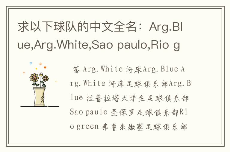 求以下球队的中文全名：Arg.Blue,Arg.White,Sao paulo,Rio green,Gio red,Urawa