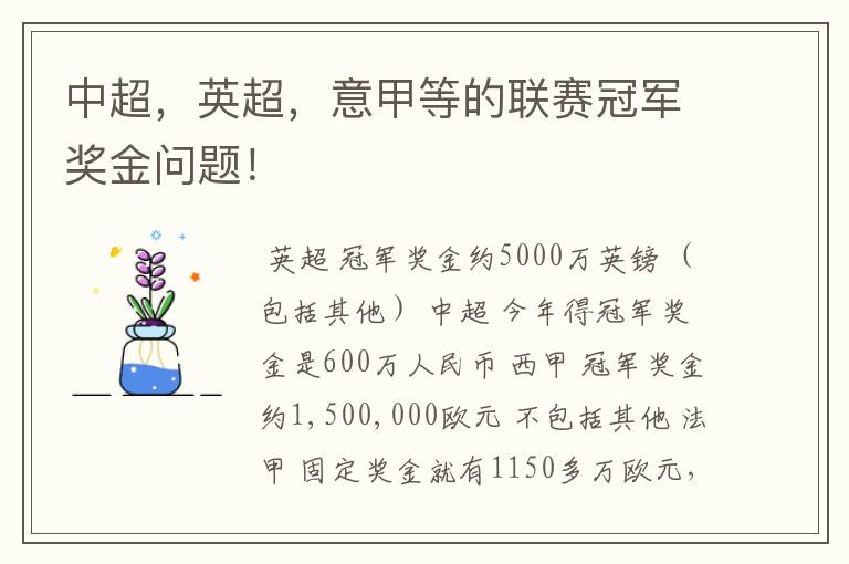 中超,英超,意甲等的联赛冠军奖金问题!