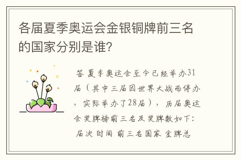 各届夏季奥运会金银铜牌前三名的国家分别是谁?