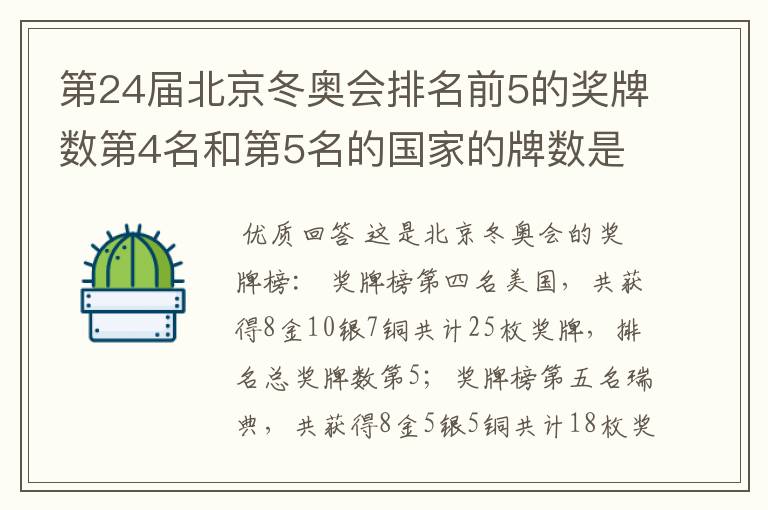 第24届北京冬奥会排名前5的奖牌数第4名和第5名的国家的牌数是多少?