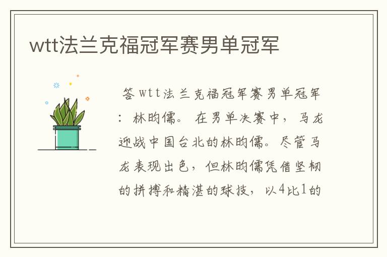 wtt法兰克福冠军赛男单冠军