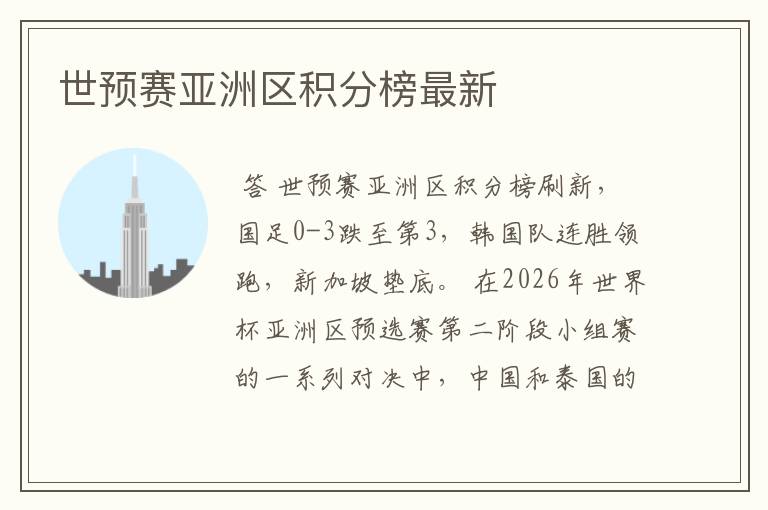 世预赛亚洲区积分榜最新
