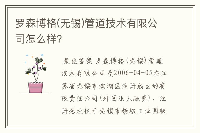 罗森博格(无锡)管道技术有限公司怎么样?
