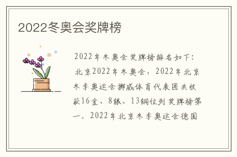 2022冬奥会奖牌榜