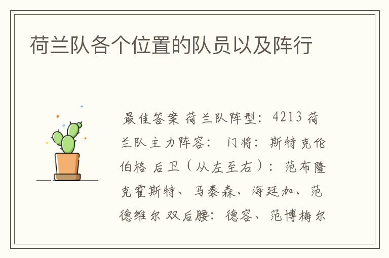 荷兰队各个位置的队员以及阵行