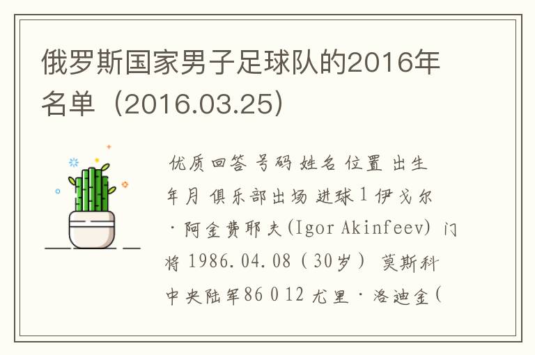 俄罗斯国家男子足球队的2016年名单(2016.03.25)