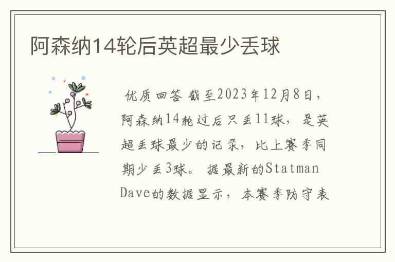 阿森纳14轮后英超最少丢球