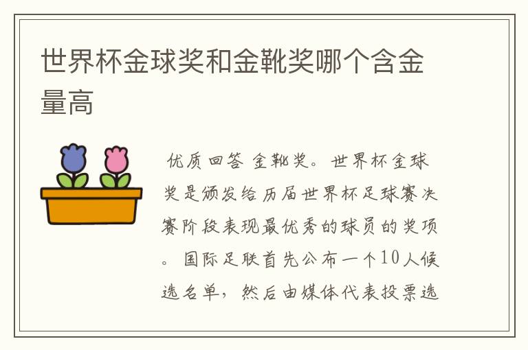 世界杯金球奖和金靴奖哪个含金量高