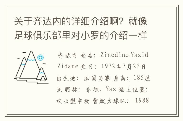 关于齐达内的详细介绍啊?就像足球俱乐部里对小罗的介绍一样,要从幼年开始的特别是他的坎坷的那一段