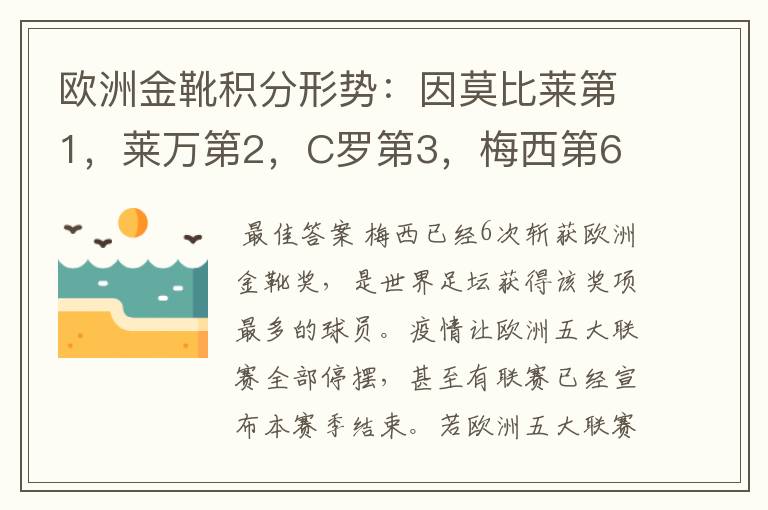 欧洲金靴积分形势:因莫比莱第1,莱万第2,C罗第3,梅西第6