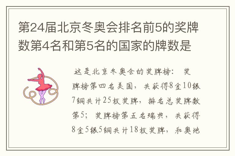 第24届北京冬奥会排名前5的奖牌数第4名和第5名的国家的牌数是多少?