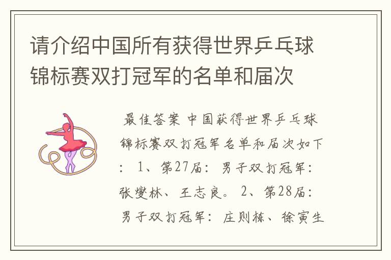 请介绍中国所有获得世界乒乓球锦标赛双打冠军的名单和届次