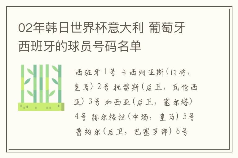 02年韩日世界杯意大利 葡萄牙 西班牙的球员号码名单