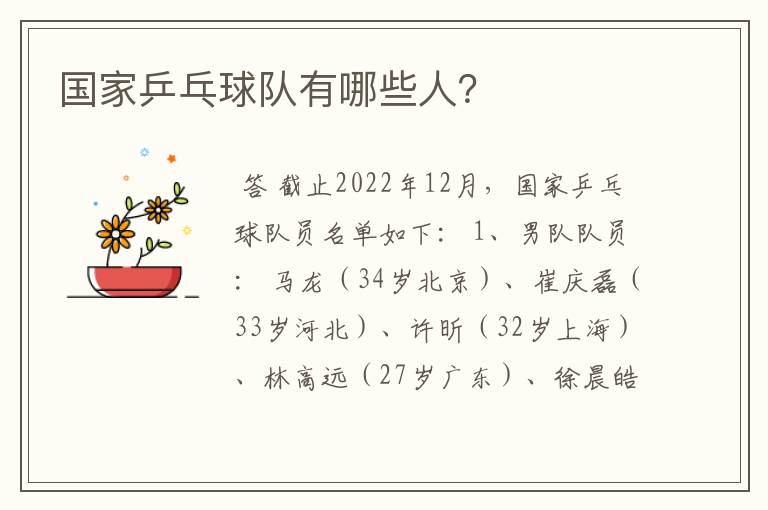 国家乒乓球队有哪些人？