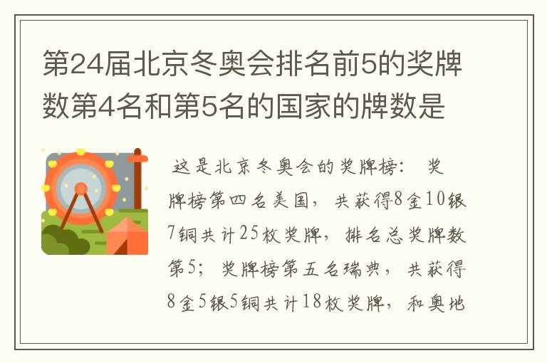 第24届北京冬奥会排名前5的奖牌数第4名和第5名的国家的牌数是多少?