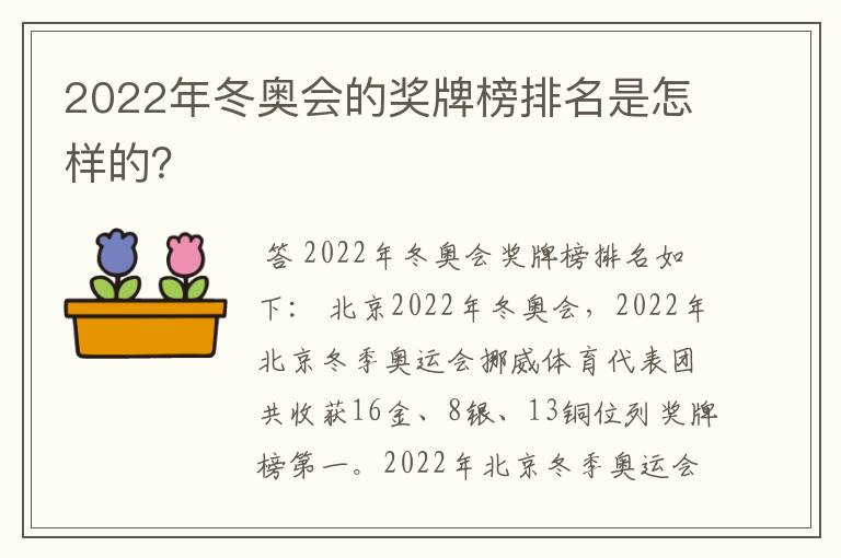 2022年冬奥会的奖牌榜排名是怎样的?