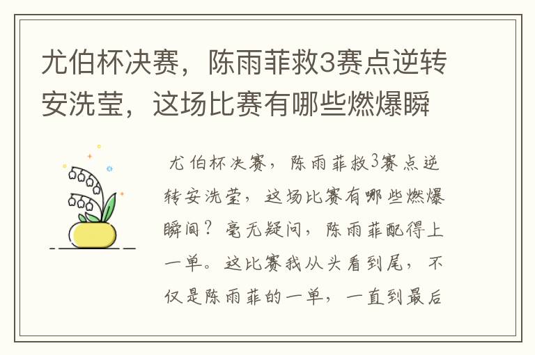 尤伯杯决赛,陈雨菲救3赛点逆转安洗莹,这场比赛有哪些燃爆瞬间?