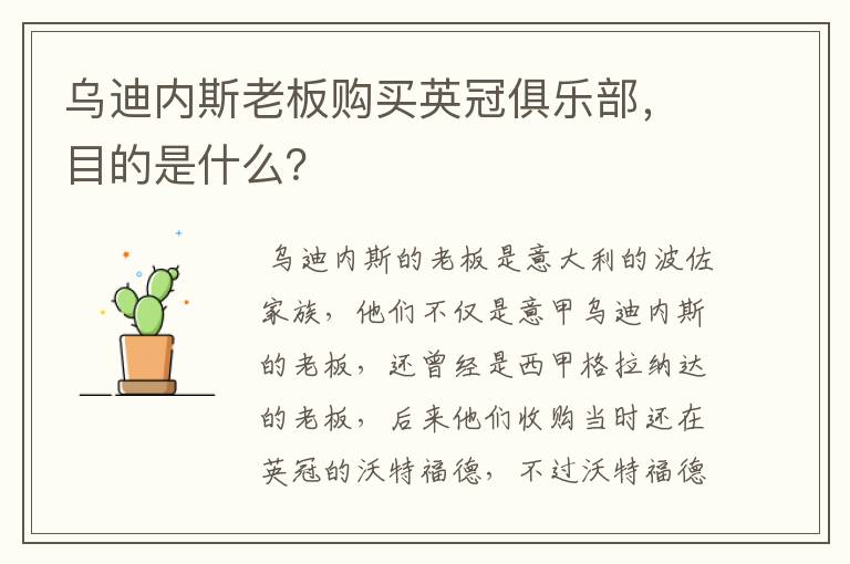乌迪内斯老板购买英冠俱乐部,目的是什么?
