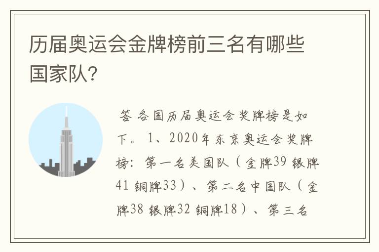 历届奥运会金牌榜前三名有哪些国家队?