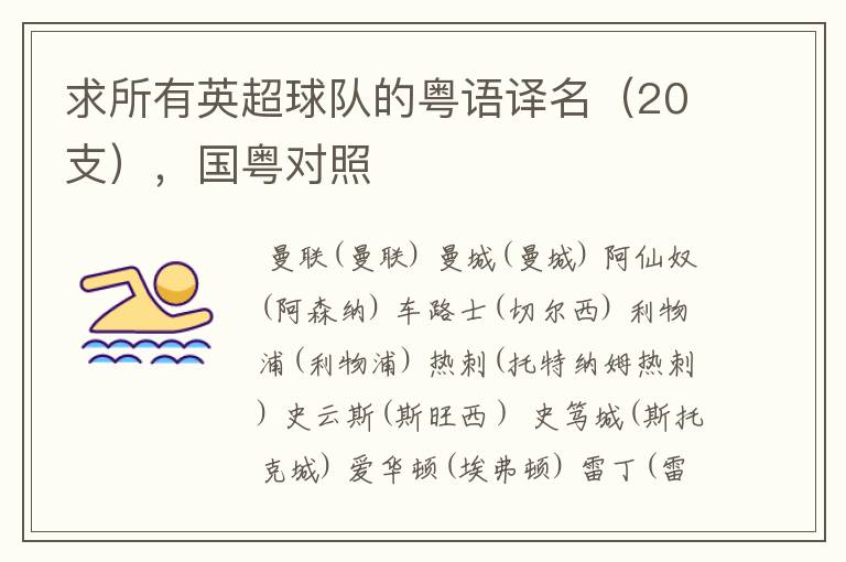 求所有英超球队的粤语译名(20支),国粤对照