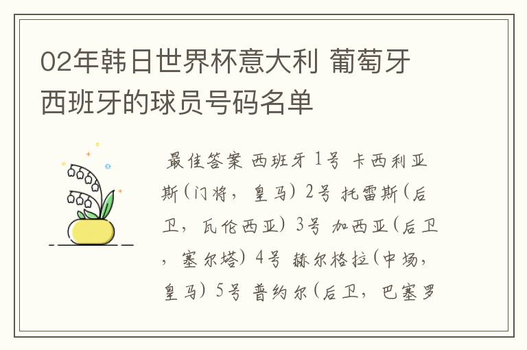 02年韩日世界杯意大利 葡萄牙 西班牙的球员号码名单