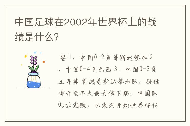 中国足球在2002年世界杯上的战绩是什么？