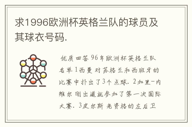求1996欧洲杯英格兰队的球员及其球衣号码.