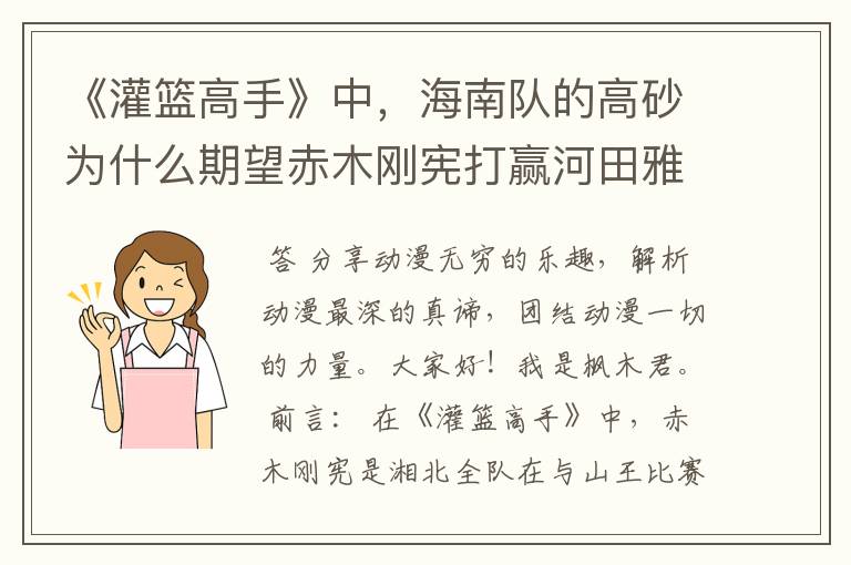 《灌篮高手》中,海南队的高砂为什么期望赤木刚宪打赢河田雅史?