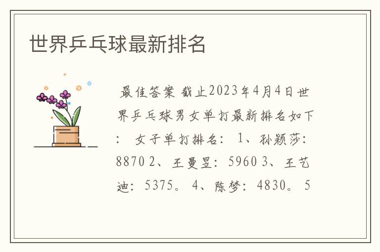 世界乒乓球最新排名
