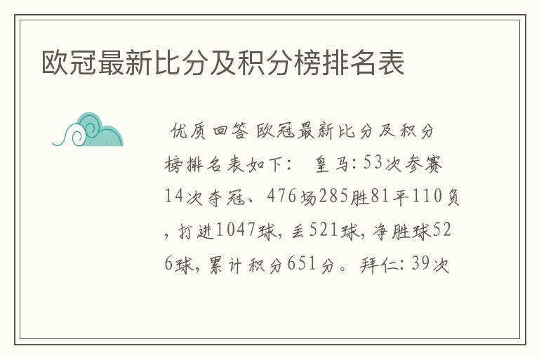 欧冠最新比分及积分榜排名表