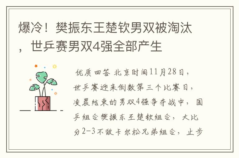 爆冷!樊振东王楚钦男双被淘汰,世乒赛男双4强全部产生