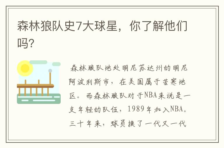 森林狼队史7大球星,你了解他们吗?