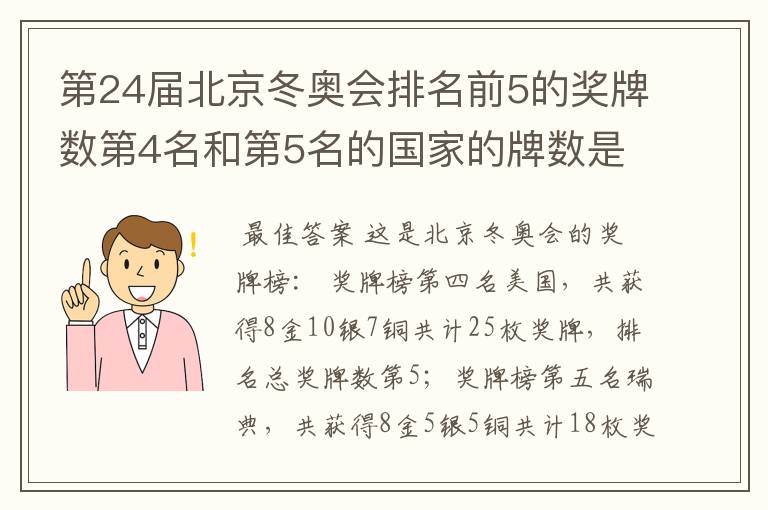 第24届北京冬奥会排名前5的奖牌数第4名和第5名的国家的牌数是多少？