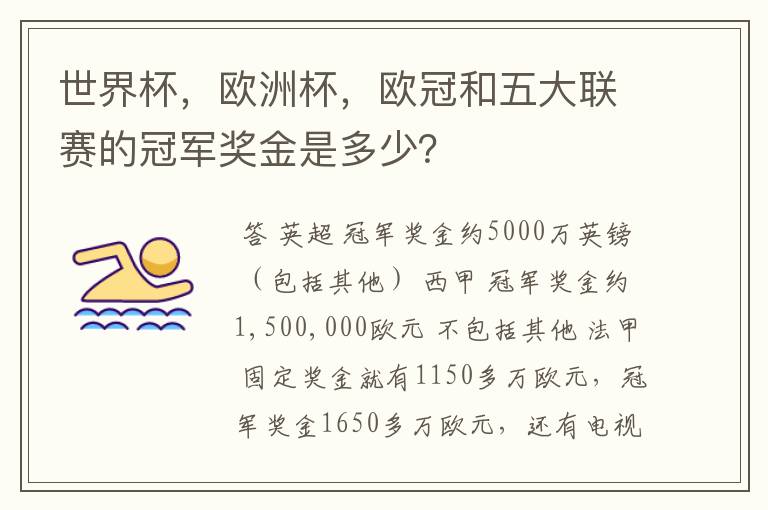 世界杯,欧洲杯,欧冠和五大联赛的冠军奖金是多少?