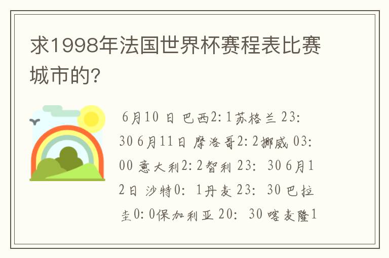 求1998年法国世界杯赛程表比赛城市的?