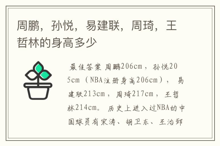 周鹏,孙悦,易建联,周琦,王哲林的身高多少