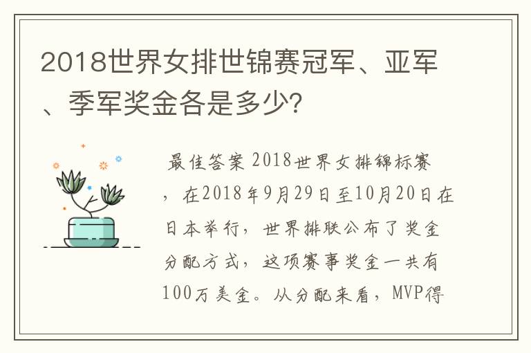 2018世界女排世锦赛冠军、亚军、季军奖金各是多少?