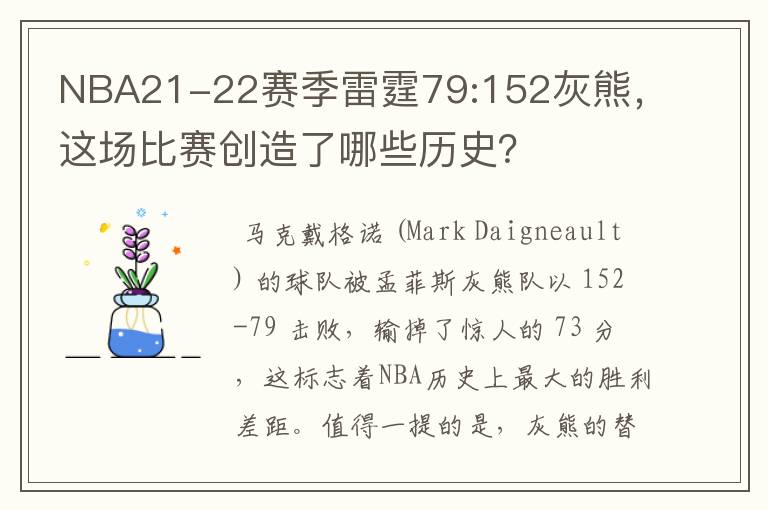 NBA21-22赛季雷霆79:152灰熊,这场比赛创造了哪些历史?