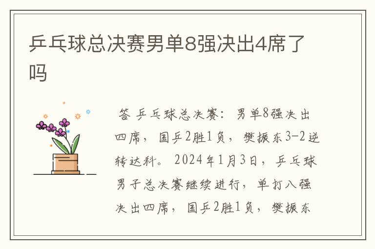 乒乓球总决赛男单8强决出4席了吗