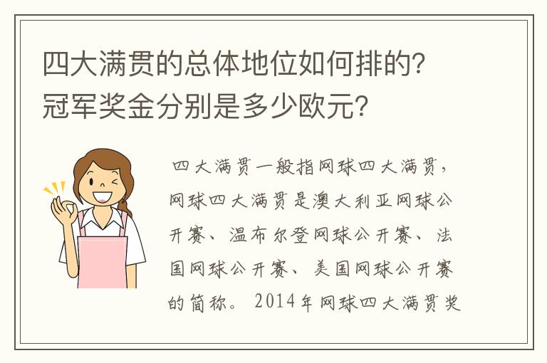 四大满贯的总体地位如何排的?冠军奖金分别是多少欧元?