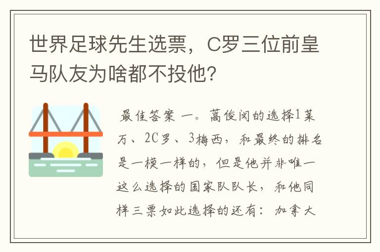 世界足球先生选票,C罗三位前皇马队友为啥都不投他?