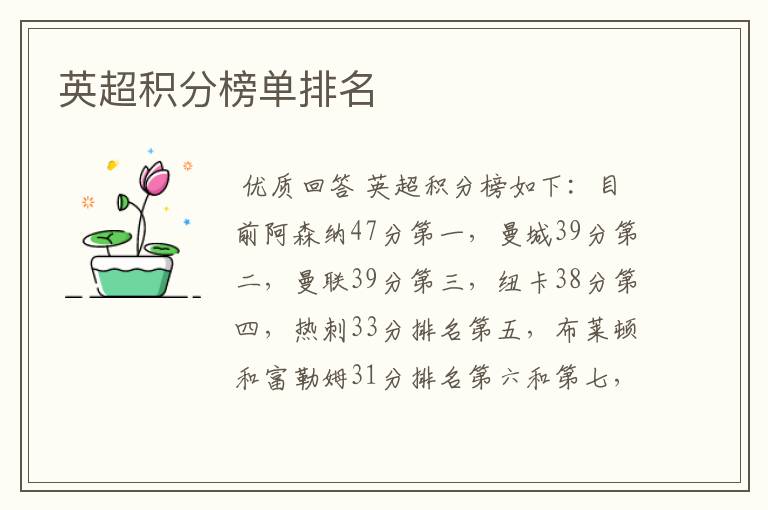 英超积分榜单排名