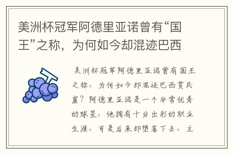 美洲杯冠军阿德里亚诺曾有“国王”之称,为何如今却混迹巴西贫民窟?
