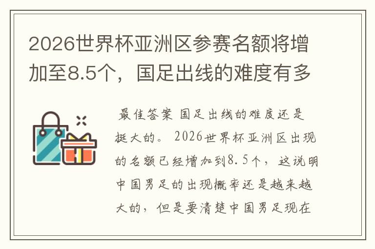 2026世界杯亚洲区参赛名额将增加至8.5个,国足出线的难度有多大?