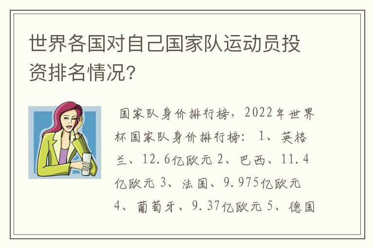 世界各国对自己国家队运动员投资排名情况?